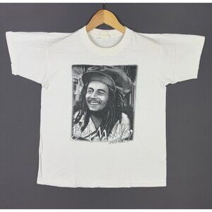 Vintage Y2K Bob Marley Jamaica Reggae Music Portrait Photo Drawing Rare White T